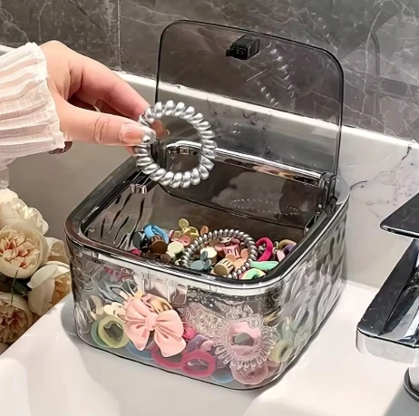 Desktop-Mülleimer, Kosmetik-Aufbewahrungsbox, Aufbewahrungsbox für Haar-Accessoires, Aufbewahrungsbox für Auto-Press-Typ, kleiner Papierkorb mit elastischem Deckel