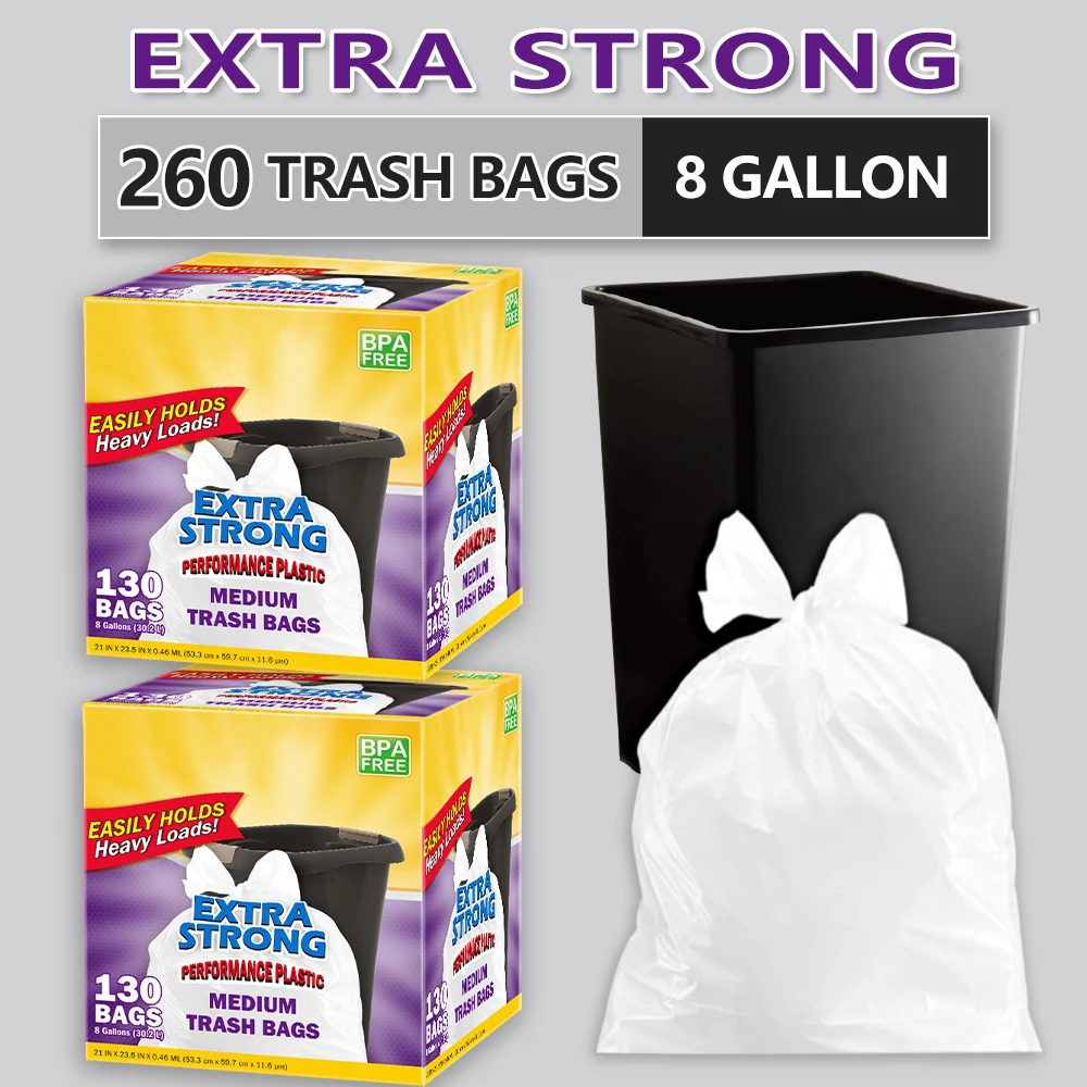 

Xtratuff Basics Trash Bags 8 Gallon Flap Ties Medium Garbage Bags White BPA FREE Trash Bag Box 260 Count Strong Rubbish Bag