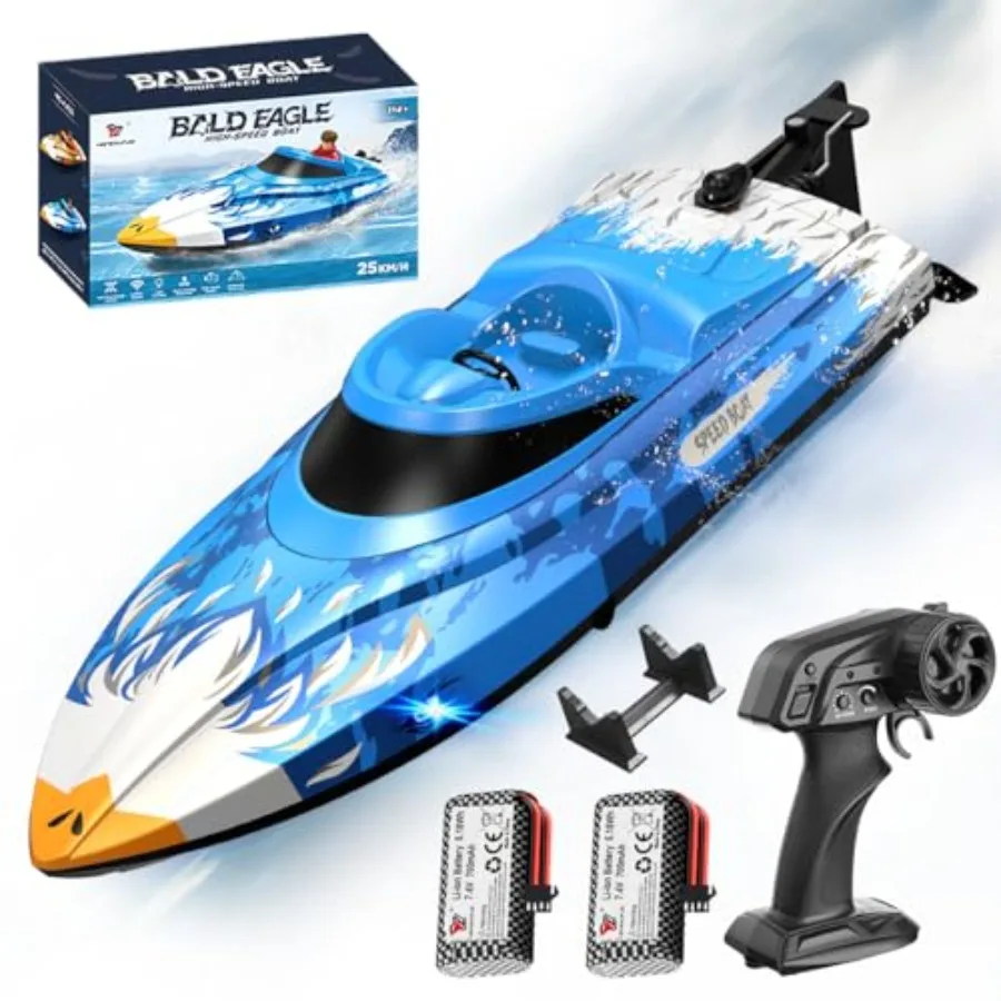 

RC Boat 25KM/H High Speed Waterproof Remote Control Boat, Water Cooling, 2.4GHz Remote, 2 Batteries, LED Lights, One-Key Flip,