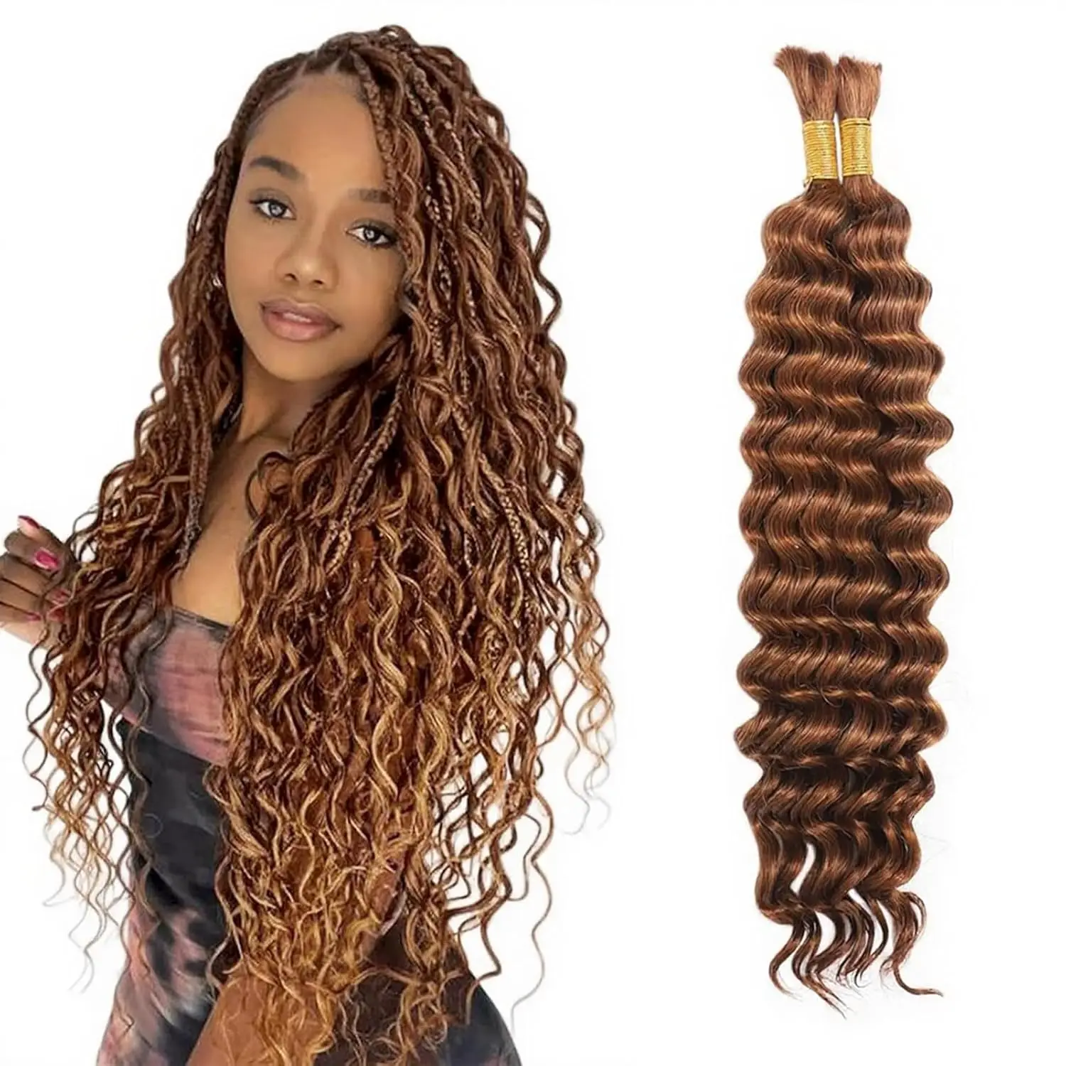Heat Friendly Synthetic Hair 3 Bundles, 24 Inch Deep Wave in #30 Brown, Bouncy & Glossy, for Extensions and Styling
