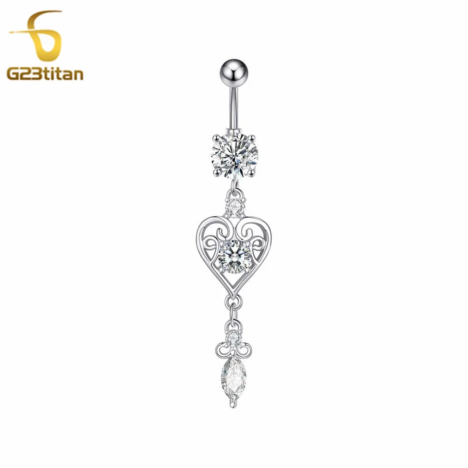 G23Titan Trendy Bohemia Heart Shaped Pendant Zircon Belly Button Ring 14G Surgical Titanium Steel Body Piercing Navel Jewelry