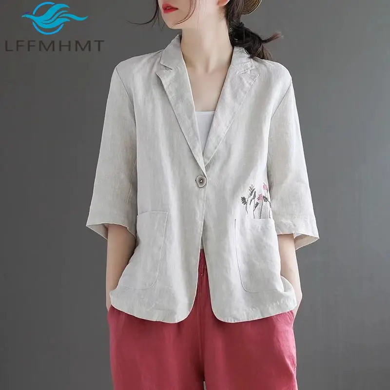 

Spring Summer Retro Embroidered Single Button Women's Loose Linen Elegant Blazer Casual Formal Occasions Vintage Coat for Female