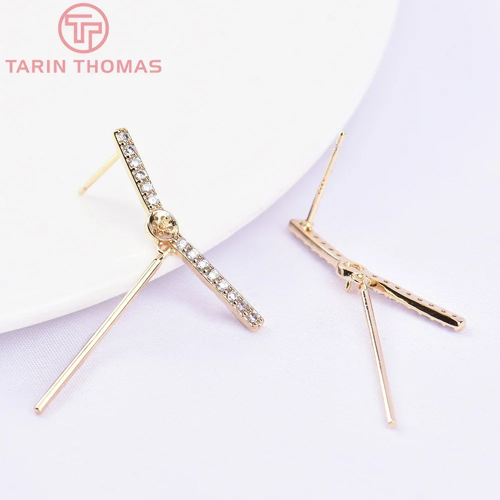 (5734) 4PCS Zircon 1.9MM 24K Gold Color Brass with Zircon Needle Shape Stud Earrings DIY Jewelry Making Findings Accessories