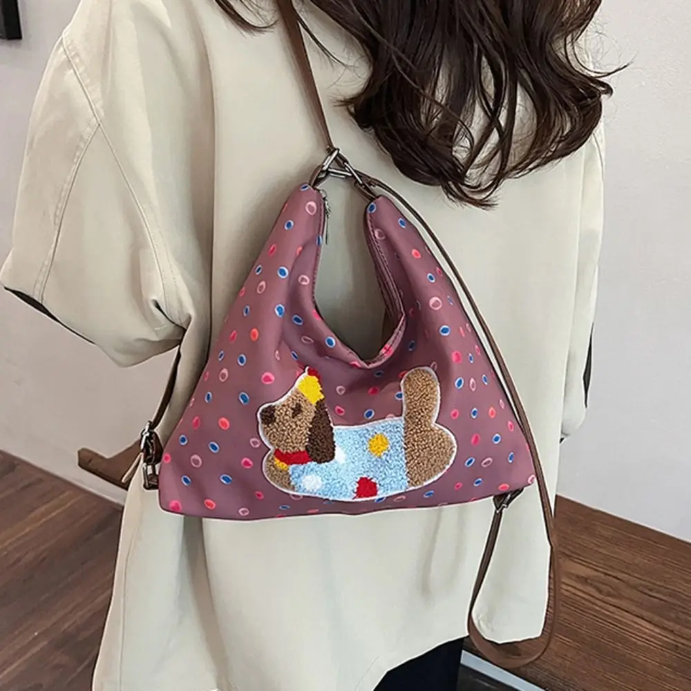 Versatile Korean Style Puppy Embroidery Shoulder Bag Dopamine Y2k Polka Dot Tote Bag White/Brown Backpack Cartoon Handbag Travel
