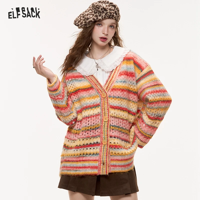 ELFSACK 2024 Autumn New Arrivals Rainbow V-neck hollow sweet sweater cardigan for women