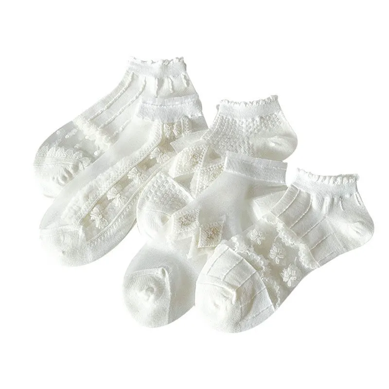 DZknit-Chaussettes en maille de cristal pour femmes, chaussettes mignonnes en dentelle douce, chaussettes respirantes confortables, chaussettes japonaises Kawai Ilorita, 5 paires