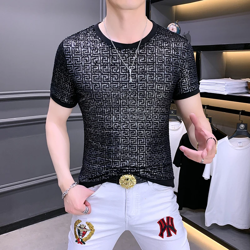Velour Stretchy Premium Short Sleeved T Shirt For Men Slim Fit Summer High Quality Soft Comfortable Bronzing Camisetas De Hombre