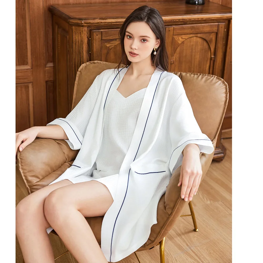 

Waffle Jacquard 100% Mulberry Silk Couple's Robes 2pcs Set Ladies Nightgowns Kimono Sleepwear Men's Bathrobe and Shorts Pajamas
