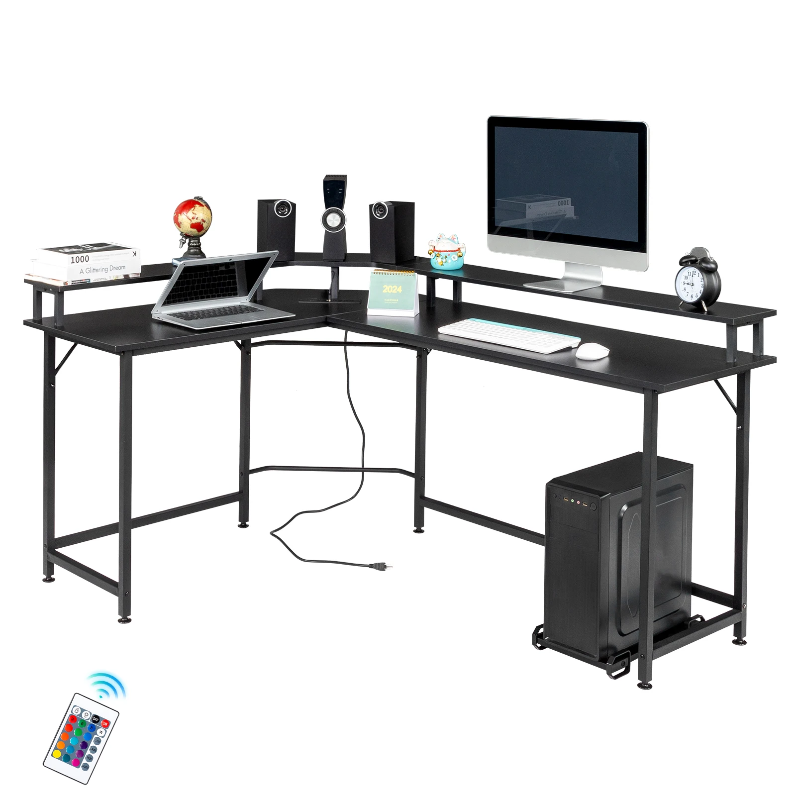 Tablero de partículas negro con revestimiento de triamina en forma de L con estante superior escritorio de computadora de 170*120*75 cm con luz RGB + 2 EE. UU.