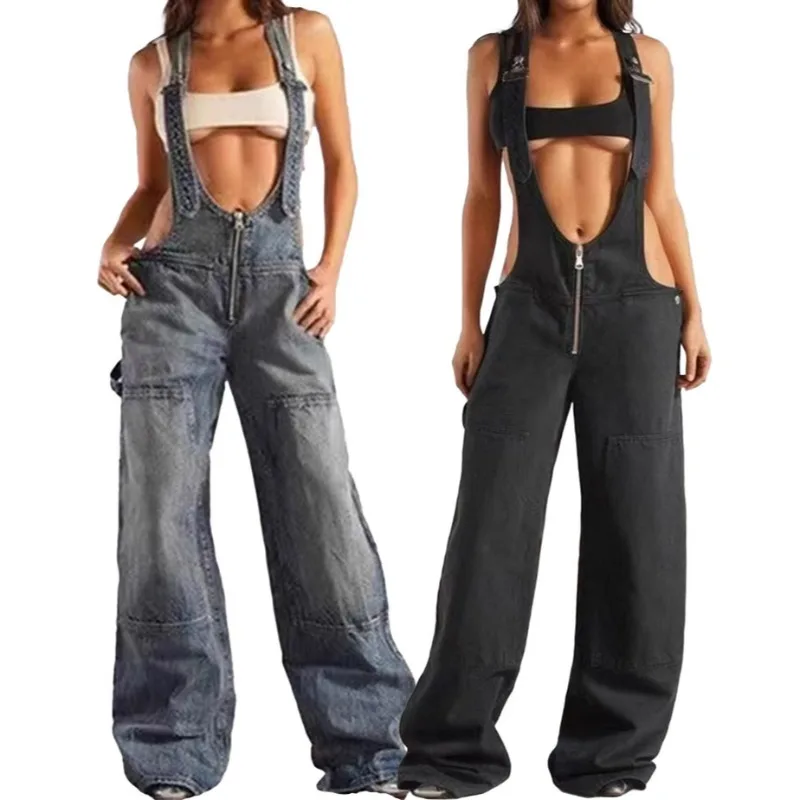 Women Trend Denim Cargo Jumpsuit Adjustable Straps Zipper Loose Wide Leg Pants One Piece Overall All Match Jeans Suspender Pants