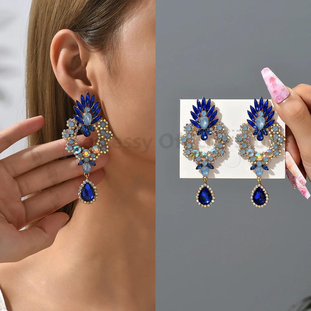 Bohemian Geometric Full Rhinestone Drop Dangle Earrings For Women Trend Luxury Chandelier Ear Accessories Party Vintage Jewelry