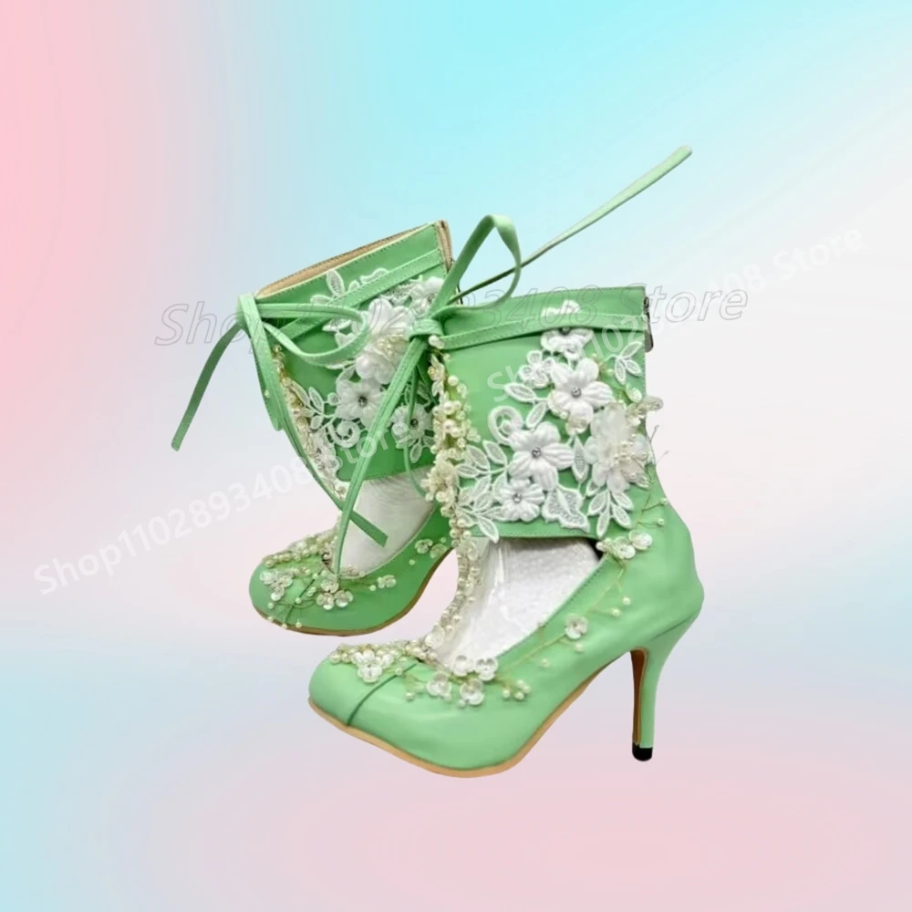 Green Handmake Pearl Flowers Strappy Short Boots Stiletto High Heel Back Zipper Retro Sexy Women Shoes 2025 Zapatos Para Mujere