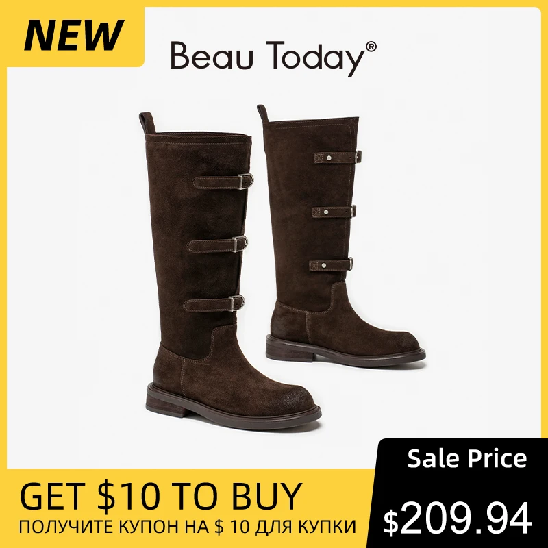 BEAUTODAY Knee High Boots Women Genuine Cow Suede Leather Buckle Strap Round Toe Long Boots Retro Ladies Shoes Handmade 01104