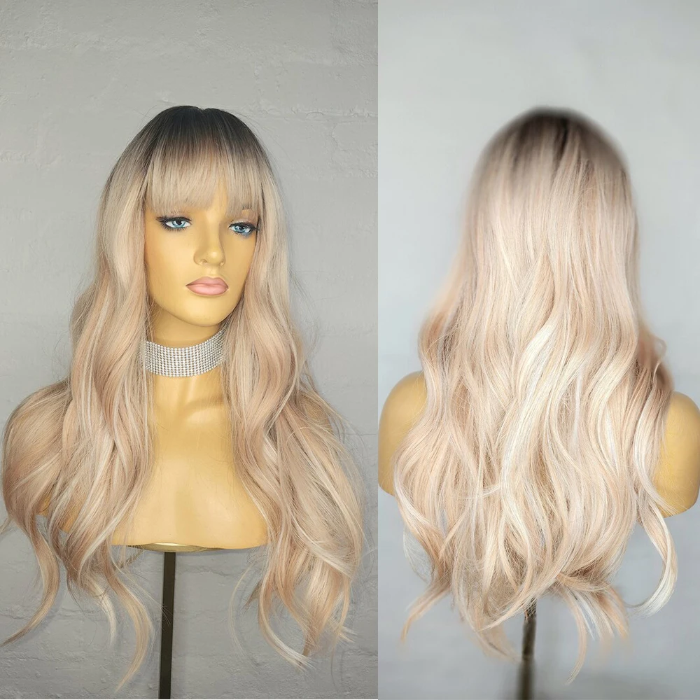 

24-дюймовый парик премиум-класса из термостойкого волокна с челкой, потрясающие светлые блики, корни, расплавленный парик спереди, синтетические женские подарочные парики