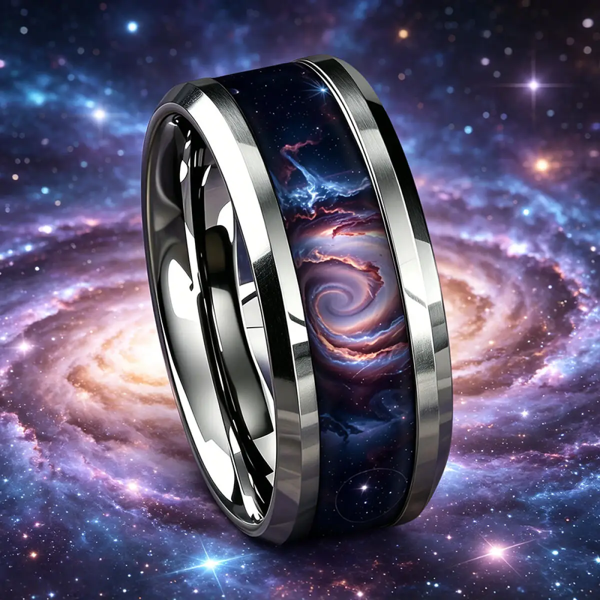 Men Stainless Steel Rings, 8mm Galaxy Style Colorful Swirl Nebula Inlay Polished Beveled Edge Rings for Men Women Wedding Bands
