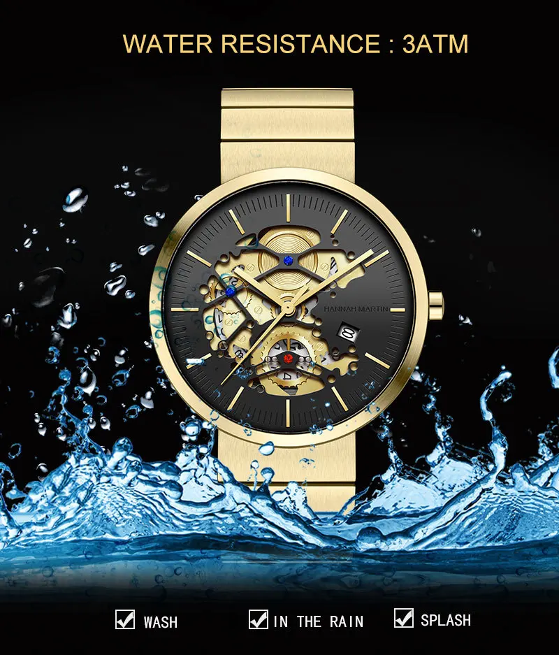 HANNAH MARTIN1312 Watch Men Non Automatic Mechanical Hollow Out Watch Fashion Steel Belt Waterproof Watches for Men Reloj Hombre