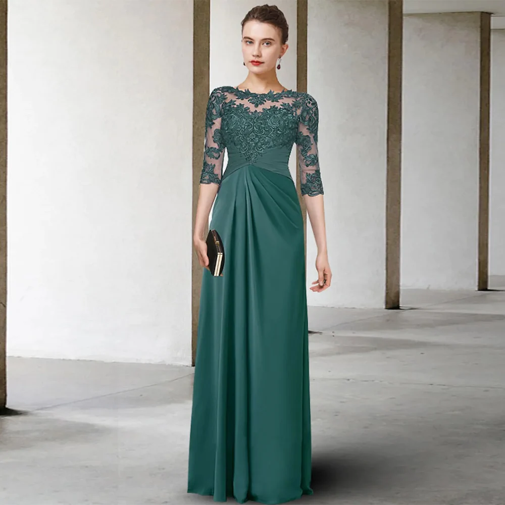 Smaragdgroene Moeder Van De Bruid Jurk Elegante Halve Mouwen Ronde Hals Applique Vloerlengte Een Lijn Chiffon Bruiloft Gastjurk