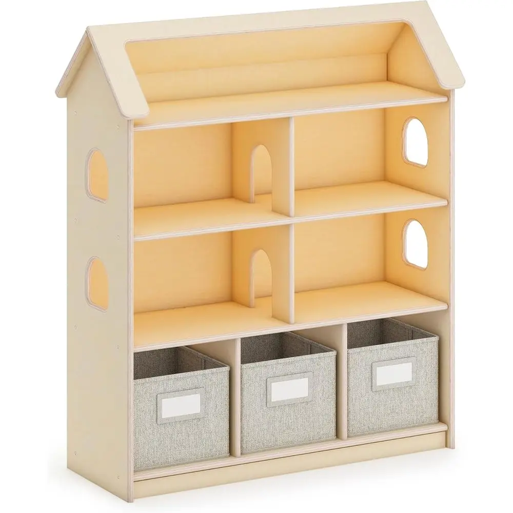 

Children's Wooden Bookcase with Removable Bins for Storage, Dolls, and School Supplies
