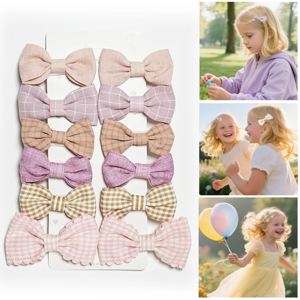 

Набор льняных заколок для волос розового цвета для маленьких девочек, бутик, заколки ручной работы в клетку с бантом, детские головные уборы