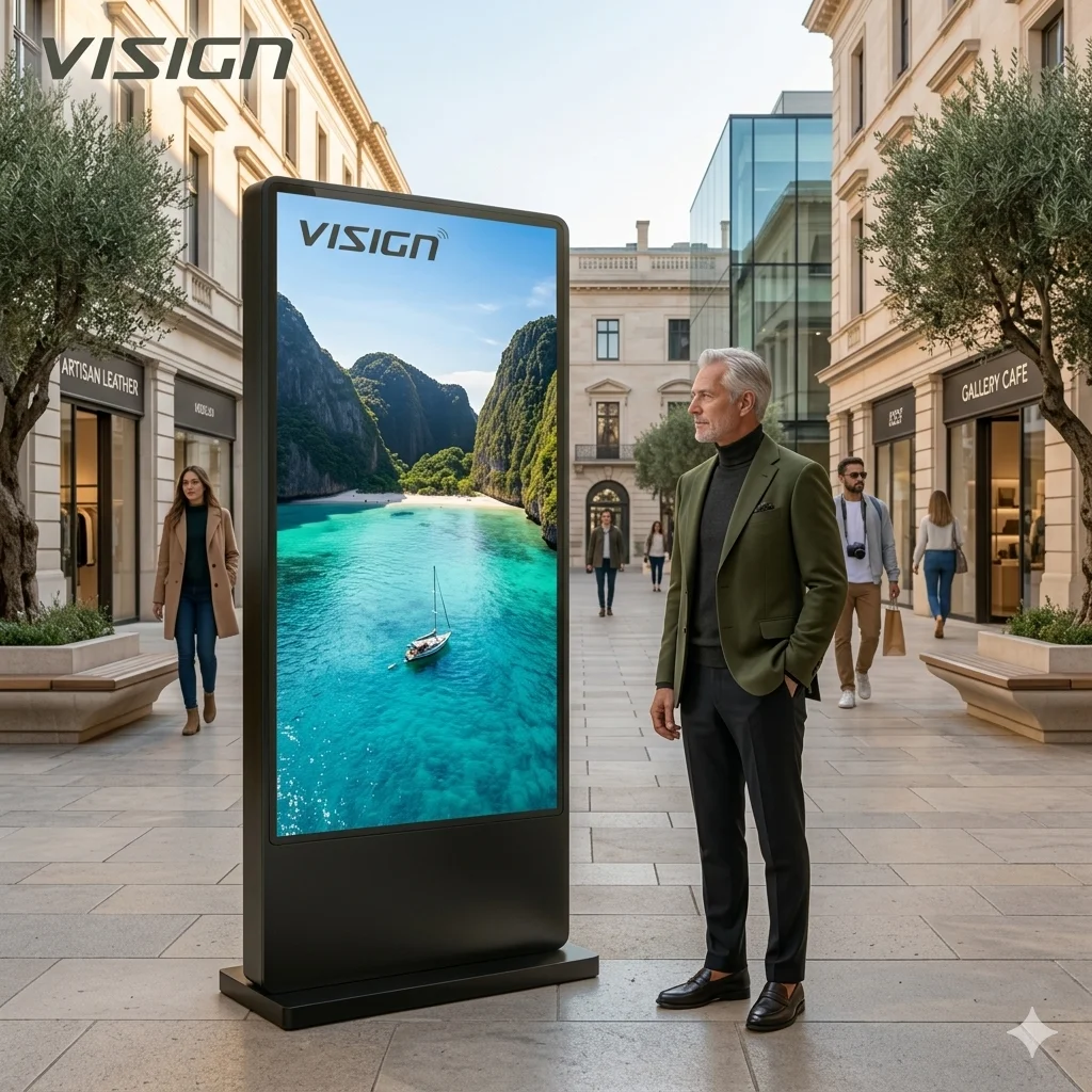 VISIGN Android OS Outdoor Digital Signage 3000nits IP65 Waterproof 43 55 65 Inch Advertising Player LCD Totem Floor Stand