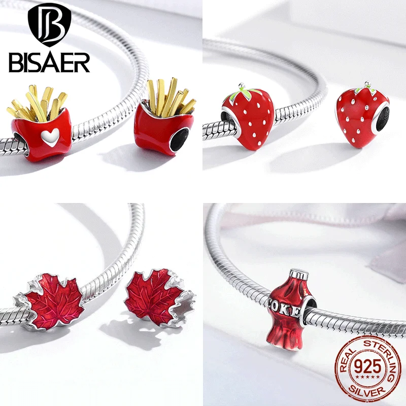 BISAER 925 Sterling Silver Red Wine Glass Rose Charm Bead Cherry Fruit Pendant Fit Girl bracciale e collana regalo di gioielleria raffinata fai da te