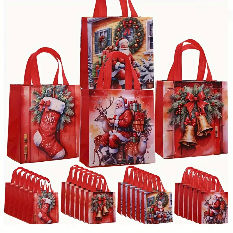 Christmas Gift Bags 8 Pack, Reusable Polyester Tote Bags With Handles, Red Christmas Tree Reindeer Design, Holiday Party Gift Wr