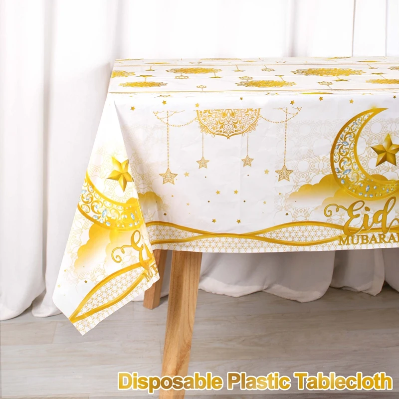 Eid Mubarak Plastic Disposable Tablecloth Ramadan Decoration 2026 for Home Islamic Muslim Party Decor Ramadan Tableware Supplies