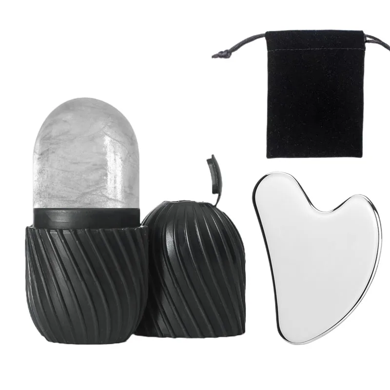 ลูกกลิ้งหน้าน้ําแข็งซิลิโคนและชุดเครื่องมือขูดสแตนเลส (พร้อมถุงเก็บ) เครื่องมือดูแลผิวหน้าแบบใช้ซ้ําได้ 2 ชิ้น