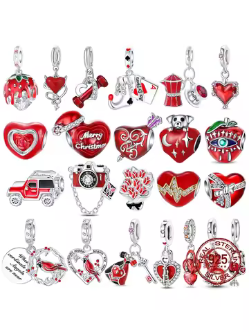 Red Color Series Charms Beads 925 Silver Blood Heart Love Car Strawberry Fruit Dangle Fit Original Bangle Bracelet DIY Jewelry