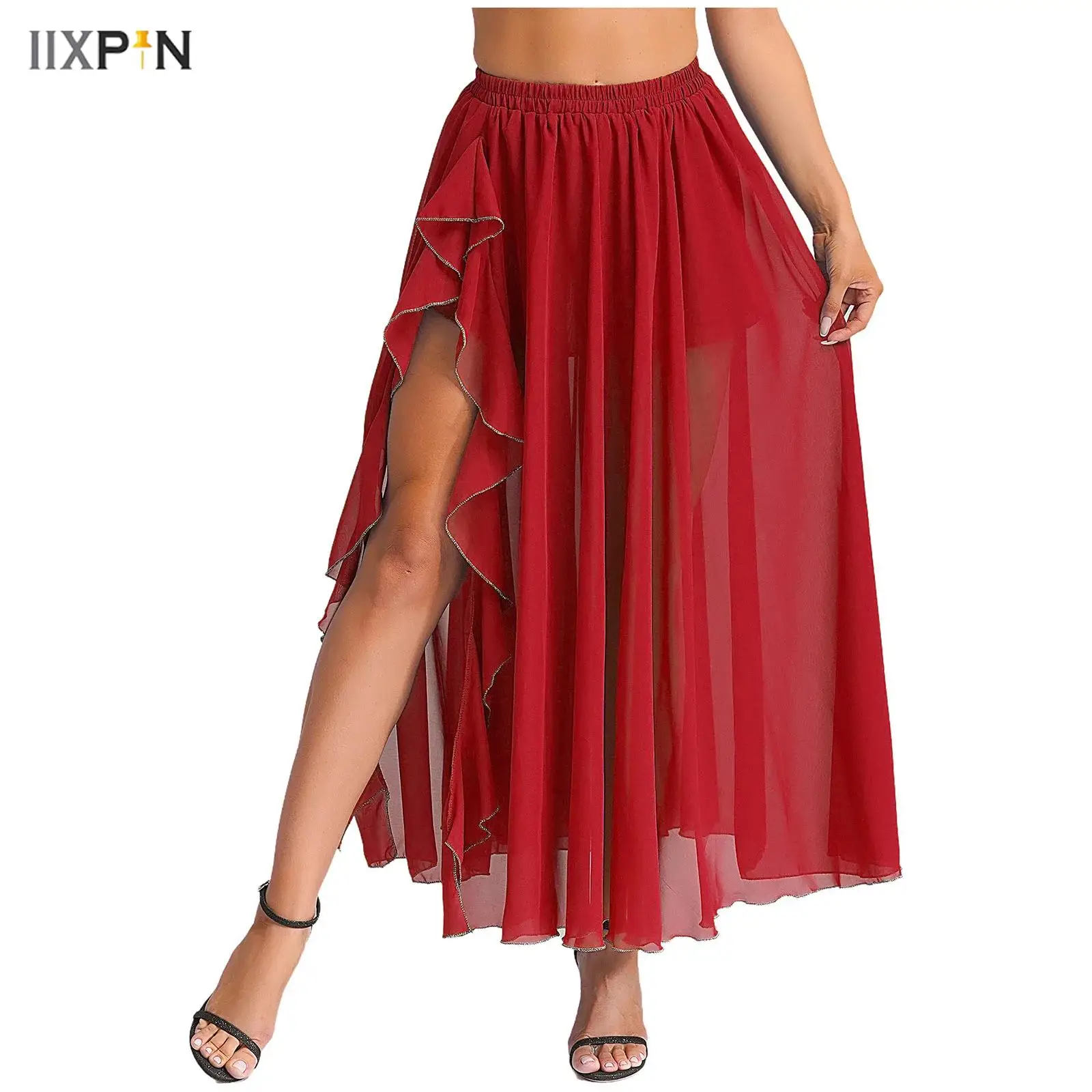 

Womens Belly Dance Flowy Chiffon Skirt Elastic Waistband Cascading Ruffles Side Split Swing Skirt Ballroom Lyrical Dance Costume