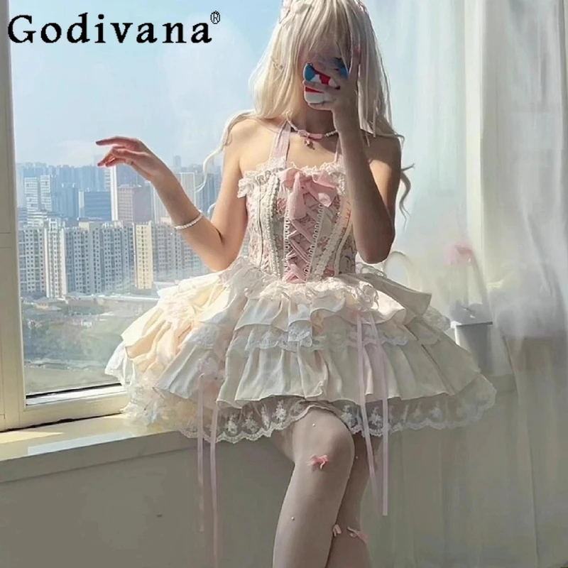 

Summer Pink Ballet Style Outfits Women Lolita Fishbone Lace Halter Corset Short Skirt Suit Female Strap Princess Skirt Set