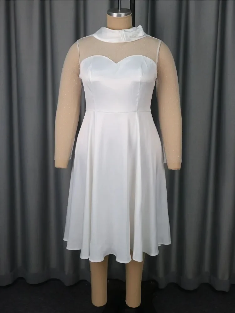 Elegant White Women's Sheer Polka Dot Dress with Bow Neckline Long Sleeves for Bridal Showers Church Formal Events