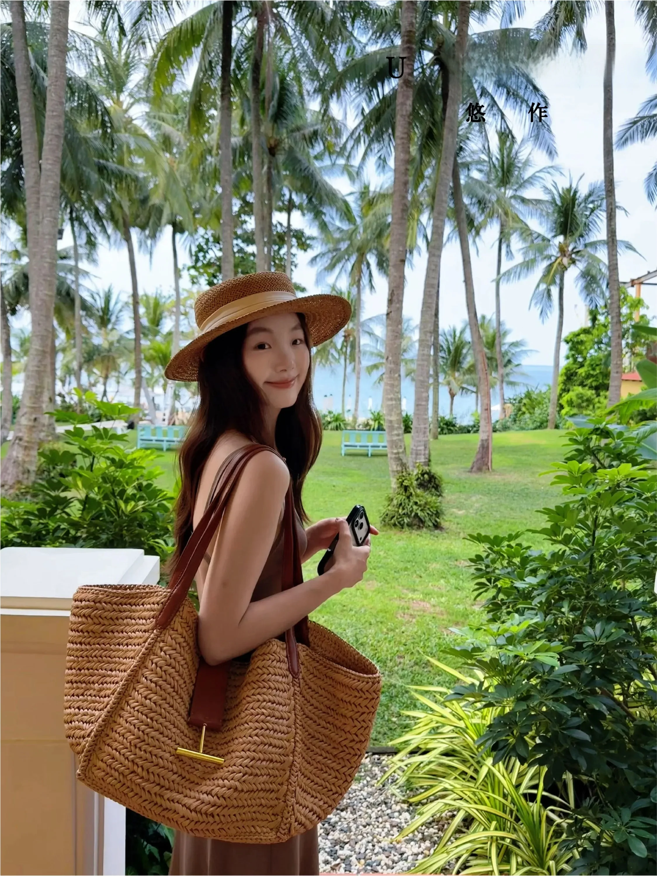 Bolsa de Ombro Grande de Palha Estilo Boêmio UZOE para Férias na Praia, Bolsa de Ombro Único de Ráfia para o Verão