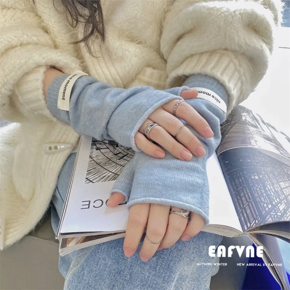 Warm Faux Cashmere Fingerless Gloves Knit Texture Warm Lining Arm Warmers Soft Fabric Elastic Cuff Knit Gloves Typing Use