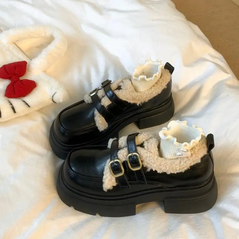 Winter Warm Plush Women Platform Loafers Double Buckle Strap Mary Jane Shoes Vintage Chunky Sole Round Toe Faux Leather Creepers