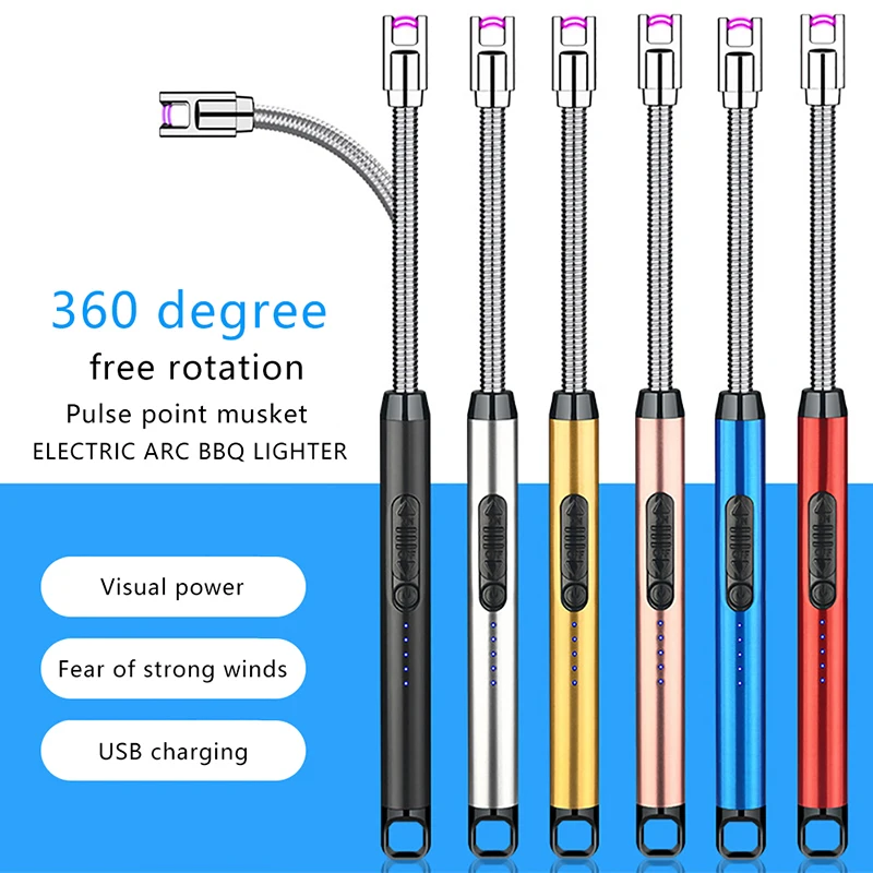 USB 360° Kitchen Candle Gas Stove Plasma Pulse Electric Arc Lighter Outdoor Metal Windproof Power Display Hook Ignition Gun