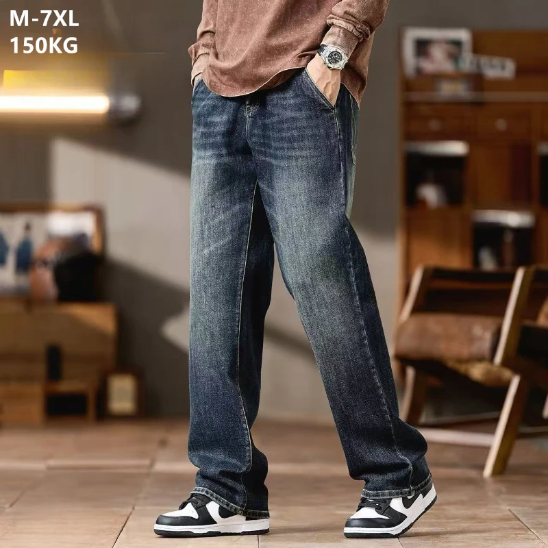 

Men Wide Led Jeans High Street Thick Spring Autumn 150KG Straight Denim Trousers Oversized Male Loose Plus Size 6XL 7XL Pants