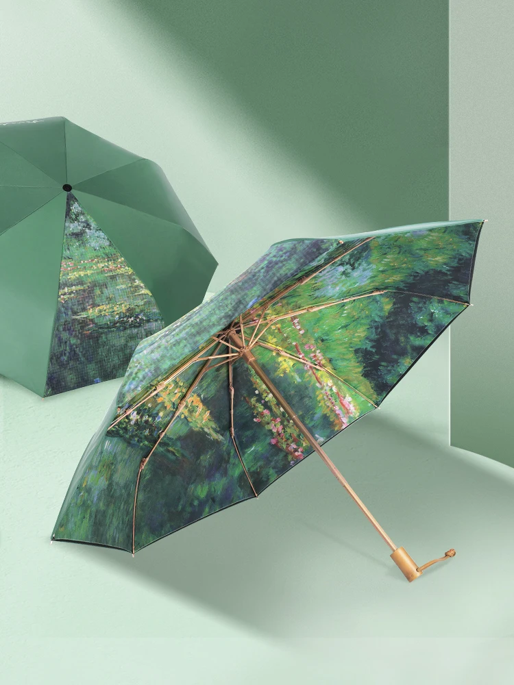 Double-sided Monet Oil Painting Double-layered Sun Protection Portable Tri-fold Unisex Umbrella Parasol Home Supplies Gift