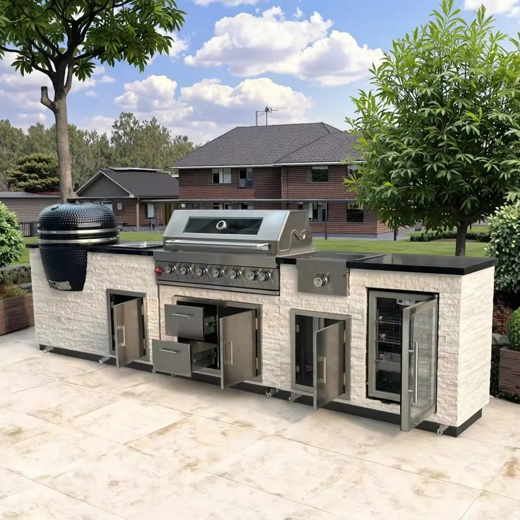 Modern Outdoor Kitchen Durable Modular BBQ Grill Kamado with Backsplash Faucet Drawer Slide Drawer Basket Accessories Customized