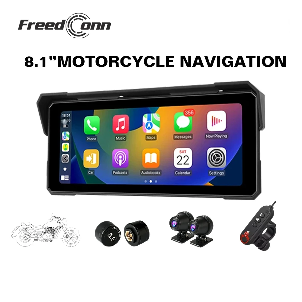 Freedconn Portable Motorcycle Multimedia Player CarPlay Android Auto GPS Navigation Airplay 8.1inch Display Screen BT Waterproof