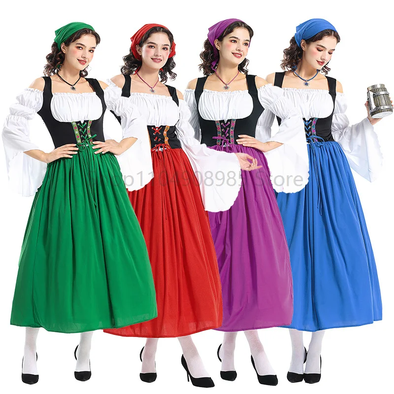 

MultiColor Adult Medieval Costume Women's Oktoberfest Party Dress Outfits Female 4 Colors Maid Traditional Fancy Party Dress
