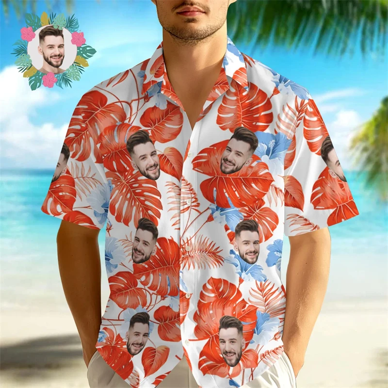 Custom Face Hawaiian Shirts For Men Women 3d Printed Tropical Leaves Shirts Fashion Party Family Short Sleeve Beach Aloha Shirt