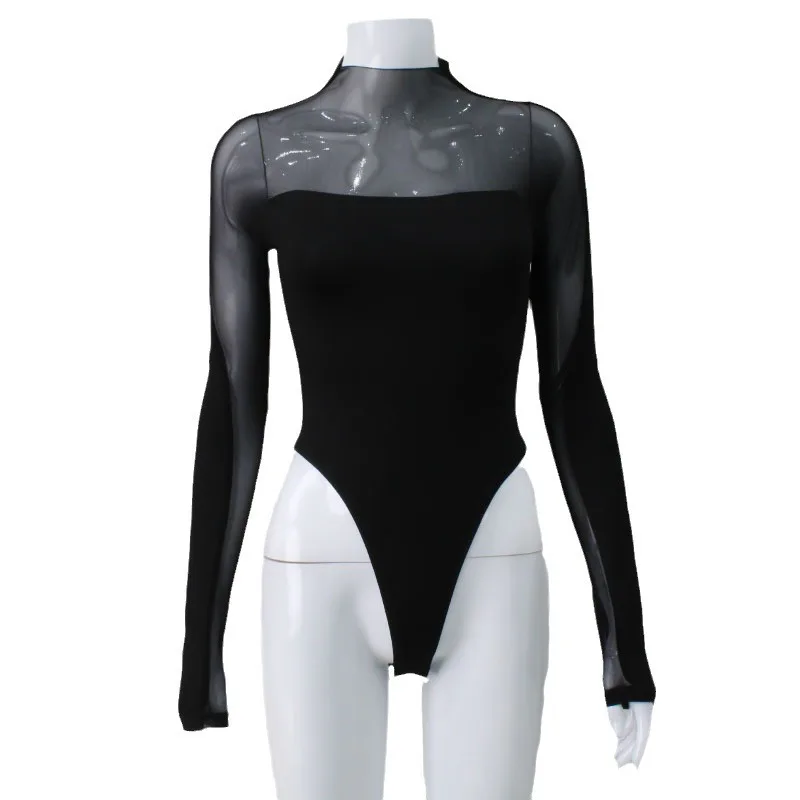 Instagram ผู้หญิงในยุโรปและอเมริกาเซ็กซี่ตาข่าย Splicing เสื้อแขนยาวจั๊มสูทเสื้อยืดสําหรับฤดูร้อน 2025