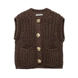 Knit Brown Sweater 2024 Woman Vests Cropped Vests Cardigan Autumn Female Sleeveless Vest Round Neck Knitted Vest