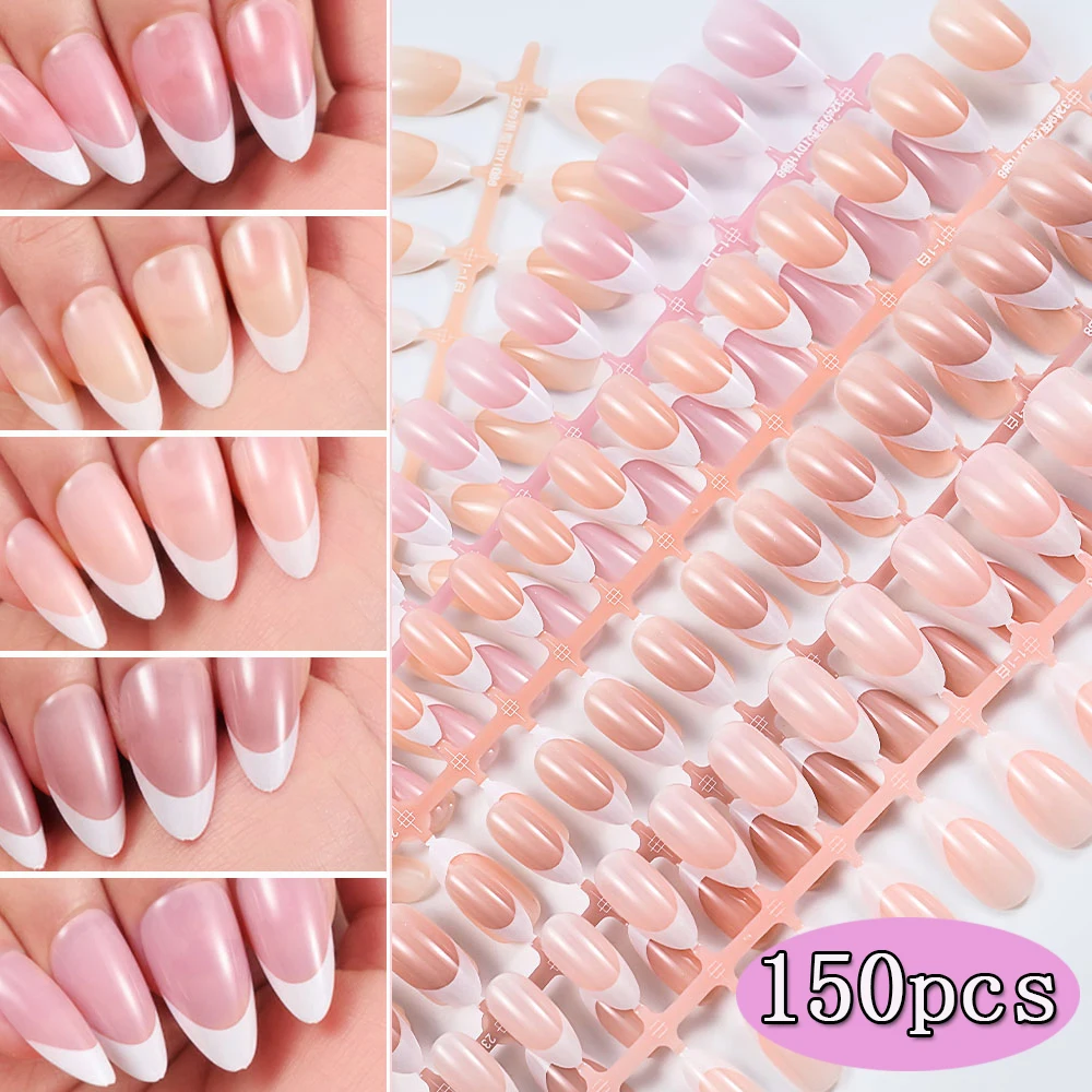 150Pcs Nude Pink Pre-made French Tips Press on Nails Medium Almond Acrylic Fake Nail Soft Gel Extension Oval Capsule False Nails