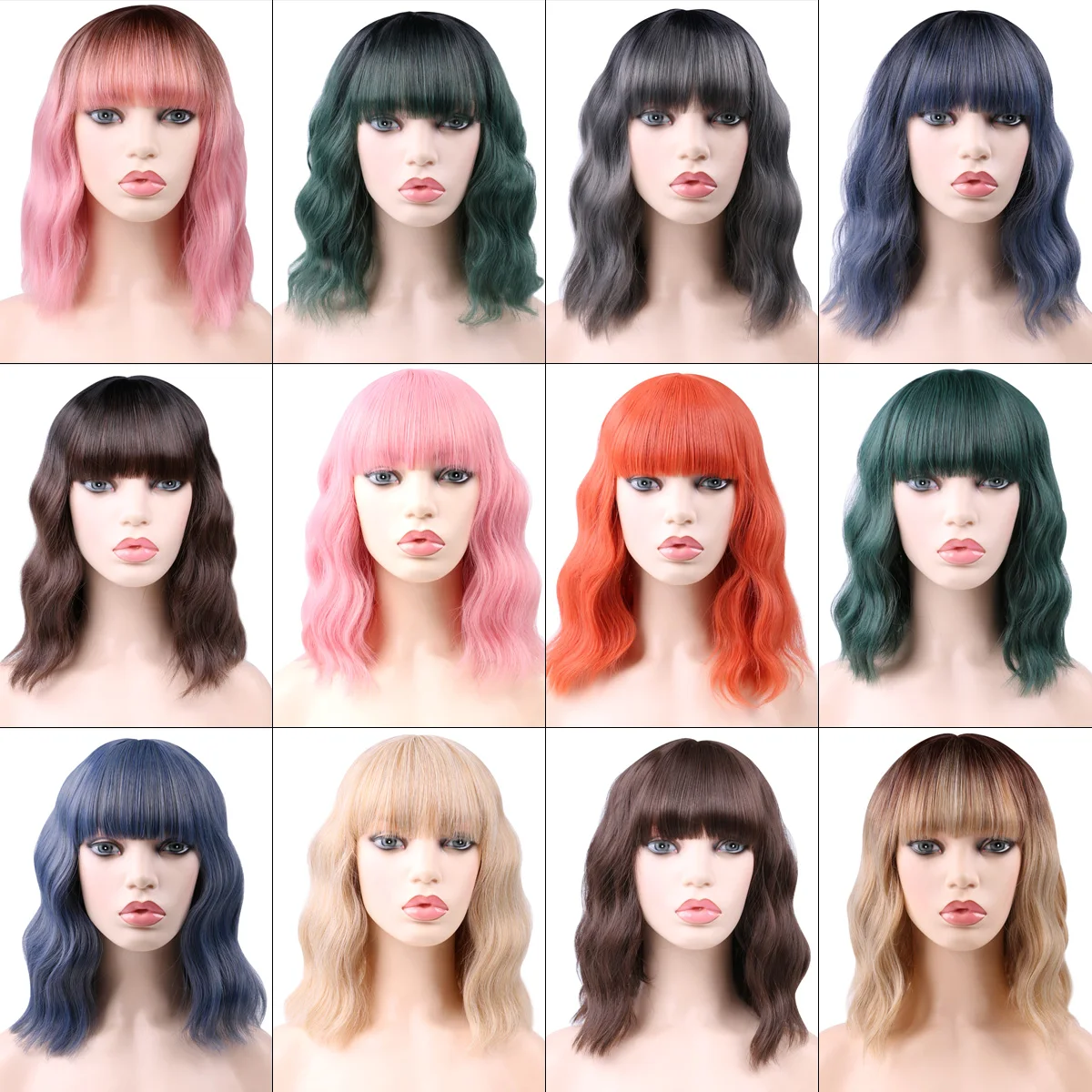 짧은 자연스러운 웨이브 가발 바디 웨이브 밥 가발 앞머리 여성용 내열 핑크 합성 밥 가발 어깨 길이