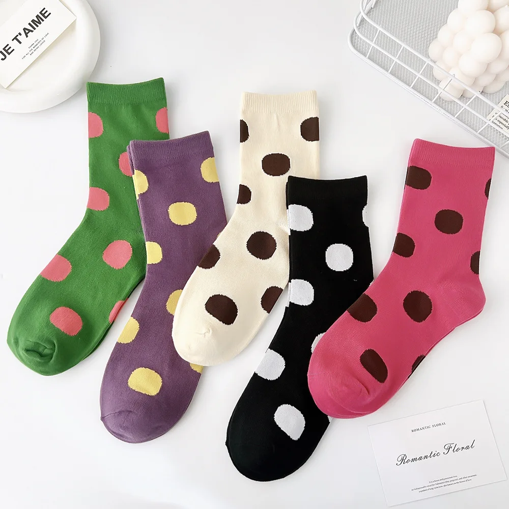 5 Pairs Comfort Rainbow Polka Dot Socks Casual Japanese Dot Sweat Retro Modern Women Mid tube Sweet Style Skin Friendly Sweat