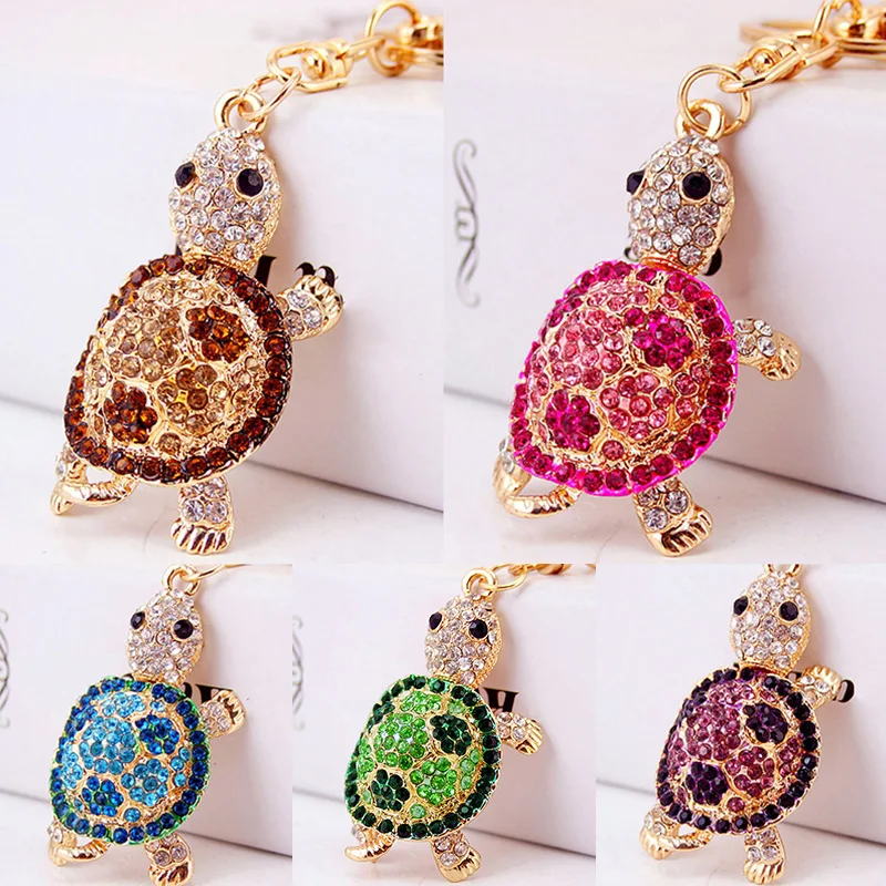 Cute Turtle Shape Pendant Keychain Colorful Shiny Rhinestone Turtle Key Chain Keyrings Women Girls Hanging Ornament Accessories