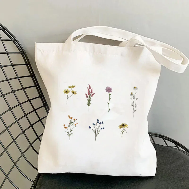 Bright-Colored Fresh Flower Shopper Tote Bag Shoulder Foldable Fashion Large Canvas Handbag  High Capacity Shopping Bag