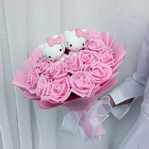 자세히 둘러보기 헬로 키티 만화 플러시 꽃다발 애니메이션 장미 비누 꽃 인형 홈 웨딩 장식 크리스마스 발렌타인 데이 선물